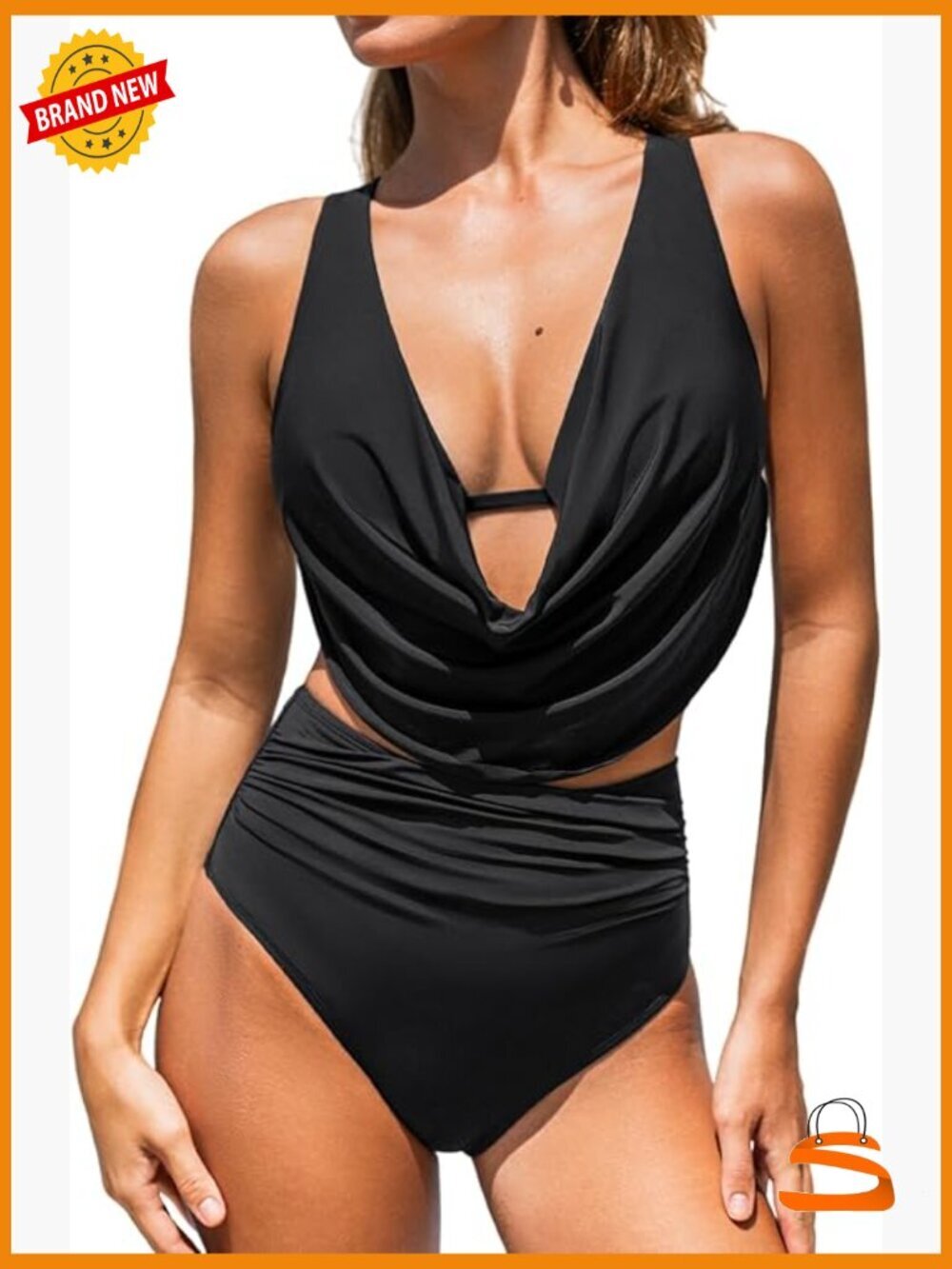 High Waisted Deep V Cowl Neck Two Piece Bikini Set with Adjustable Straps